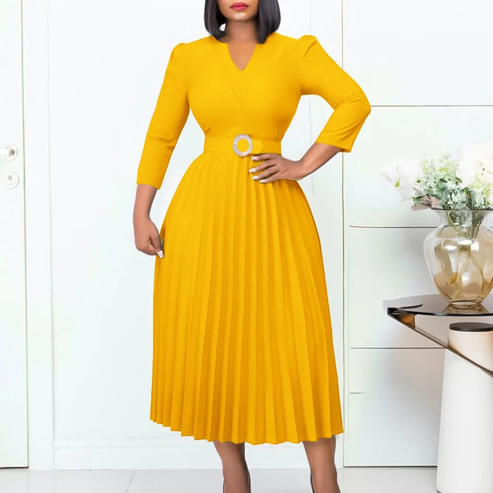 Office Dresses for Women V Neck Full Sleeve Belt Waisted Pleated Mid Calf Elegant Female Business Work Wear Dress Midi Cloth New