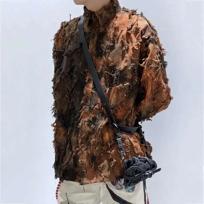 PFHQ Tie Dye Patchwork Shirts Men's Turn-down Collar Long Sleeve Tops Personalized Single Breasted Tassel Male Clothing 21Z9142