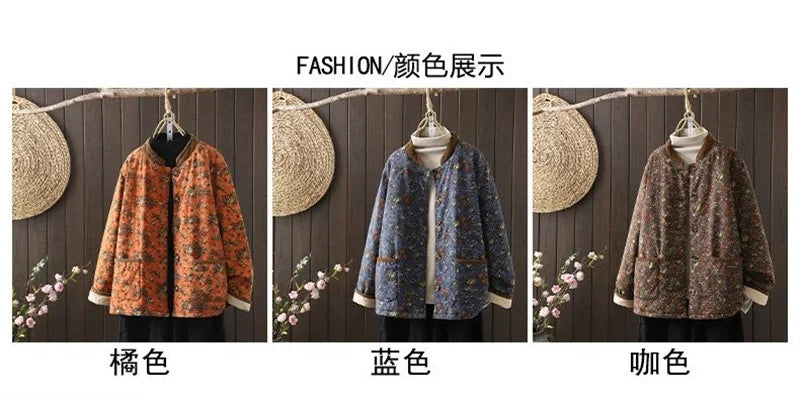 Women Retro Floral Plate Buckle Cotton Jacket Thickened Warm Cotton Clothing Cotton Linen Printed Autumn Winter Cotton Jacket