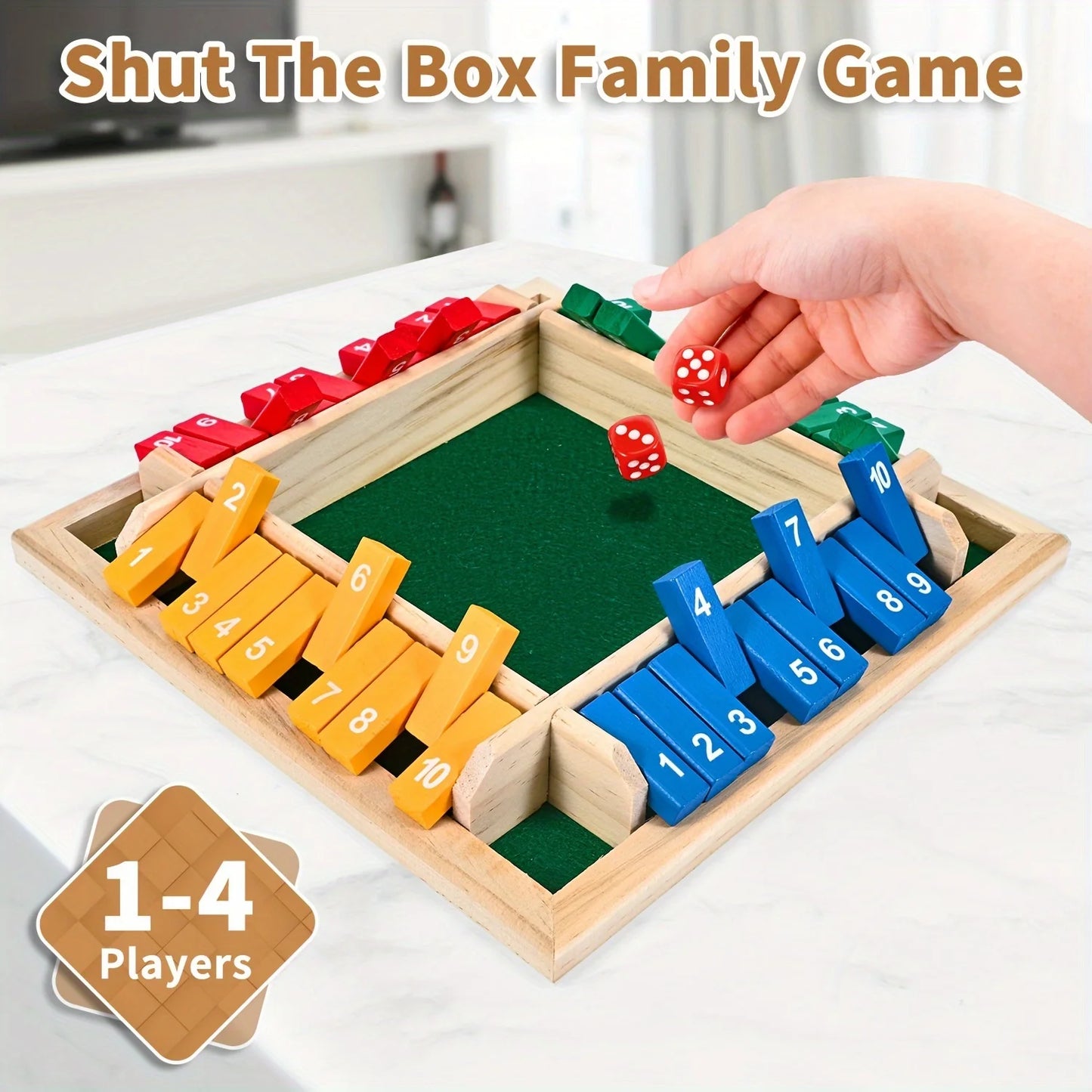 Classic 4 Sided Wooden Board Game With 2 Dice And Shut-The-Box Instructions, Classics Tabletop Version And Pub Board Game