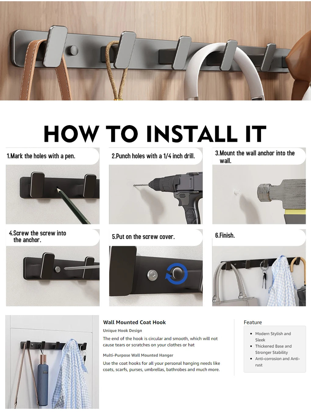 Coat Hook Wall Rack Hanger - Black Coat Rack with 5 Hooks Wall Hooks for Hanging  Hat Key Bag Towel Wall Mount Coat Rack