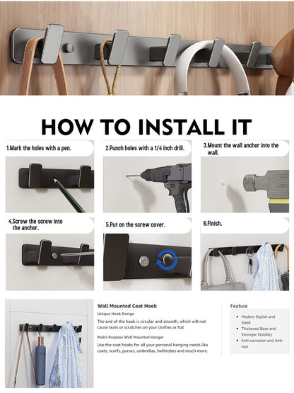 Coat Hook Wall Rack Hanger - Black Coat Rack with 5 Hooks Wall Hooks for Hanging  Hat Key Bag Towel Wall Mount Coat Rack