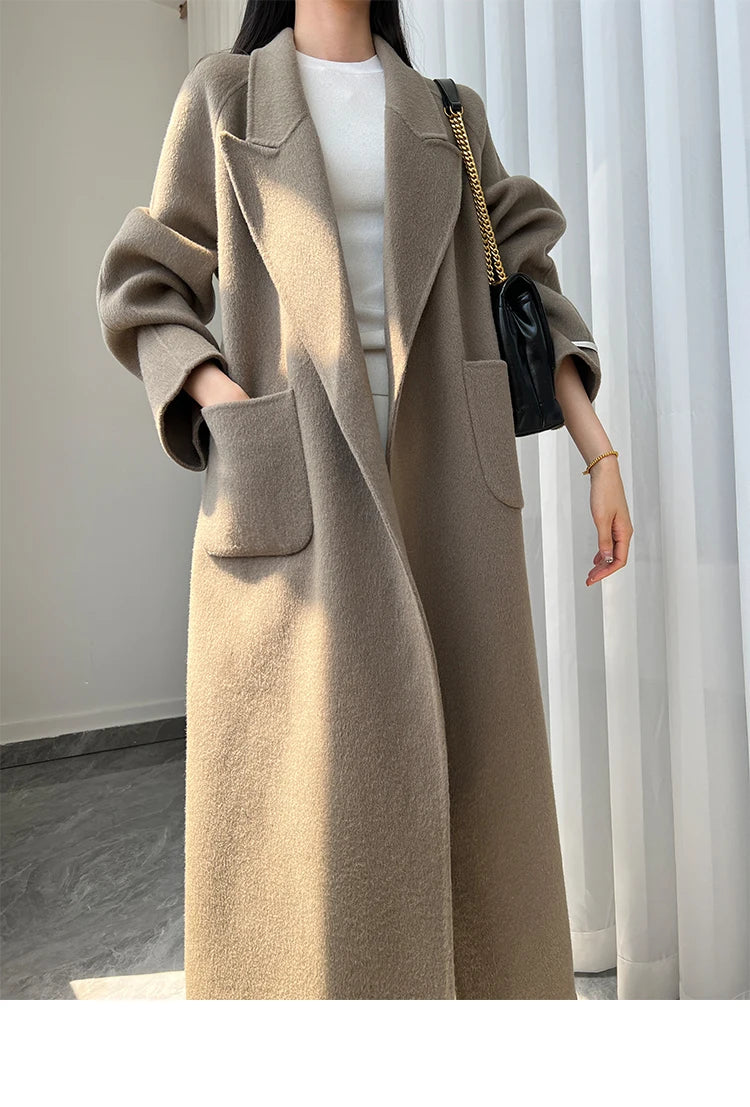 Office Lady Woolen Jackets 2024 Autumn And Winter Bathrobe Style Pocket Double-Sided Loose Lace -Up Tie Women's Long Wool Coats
