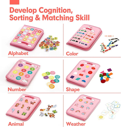 Toddlers Travel Busy Board for Boys Girls Montessori Toys for 2+ Year Old Preschool Learning Life Skill, Alphabet, Number, Shape