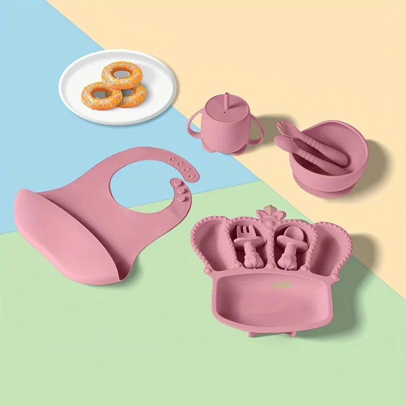 11pcs Silicone Baby Feeding Set: 1 Bowl, 1 Bib, 5-grid Plate, 2 Spoons & 2 Forks (Long & Short), 1 Cup with 2 Lids and 1 Straw