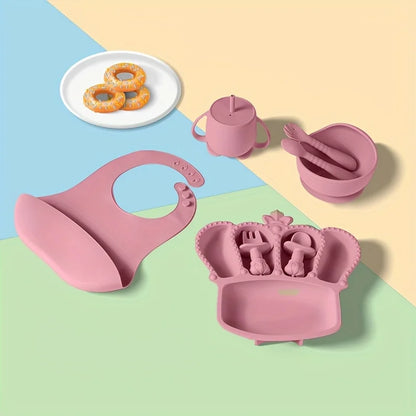 11pcs Silicone Baby Feeding Set: 1 Bowl, 1 Bib, 5-grid Plate, 2 Spoons & 2 Forks (Long & Short), 1 Cup with 2 Lids and 1 Straw