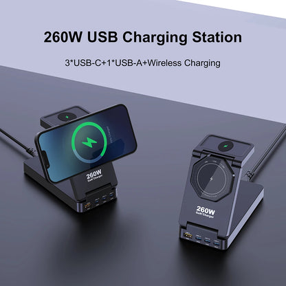 7-in-1 Charging Station 260W GaN Fast USB C Desktop Charger 15W Magnetic Wireless Charger for iPhone 16/15 Pro Max MacBook Pro