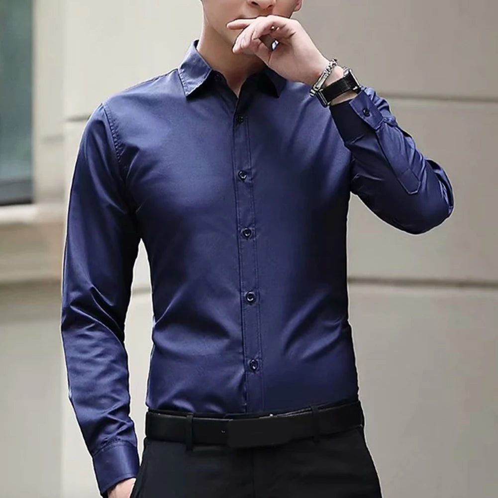 New Men\'s Long Sleeve Drill Button Shirts Tight Business Formal Social Wrinkle Lapel Casual Solid Simple Fashion Male T-shirts