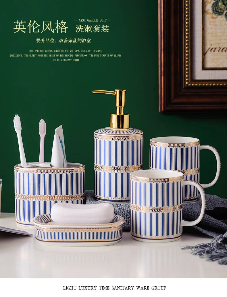 Bathroom Ceramic Five Piece Set Portable Soap Dispenser Mouthwash Cup Bathroom Accessories Set bathroom accessories set