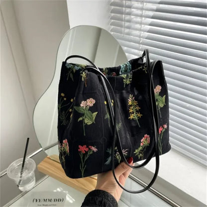 Street Trend Embroidered Totes Bags for Women Large Capacity Canvas Handbag Shoulder Bag Female Commuting Bucket Bag