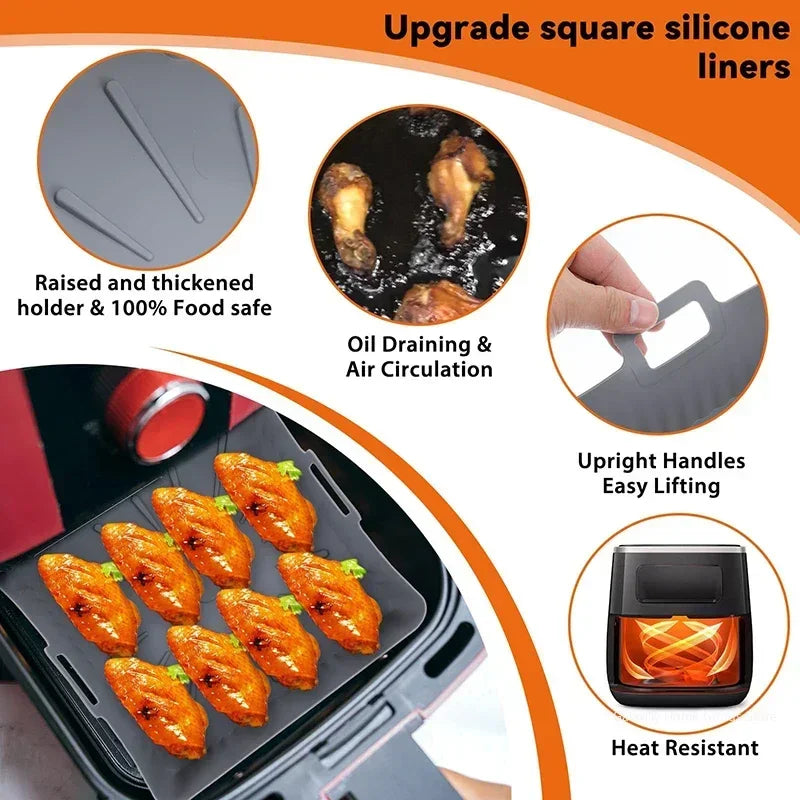 9" Silicone Air Fryer Liners for Cosori/Ninja 6-8QT - 23cm Square Reusable Baking Tray Oil-Free & Dishwasher-Safe