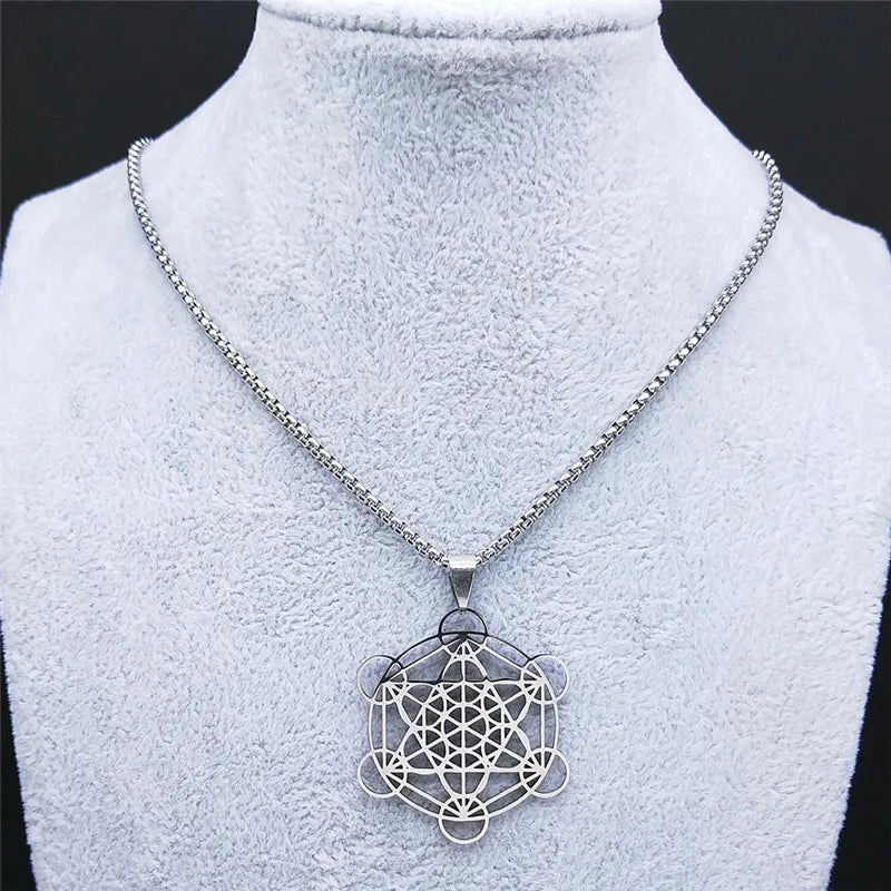 Flower of Life Chakra Spiritual Necklace for Women Stainless Steel Sacred Geometry Metatron Cube Salomon Men collar Jewelry