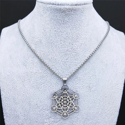 Flower of Life Chakra Spiritual Necklace for Women Stainless Steel Sacred Geometry Metatron Cube Salomon Men collar Jewelry