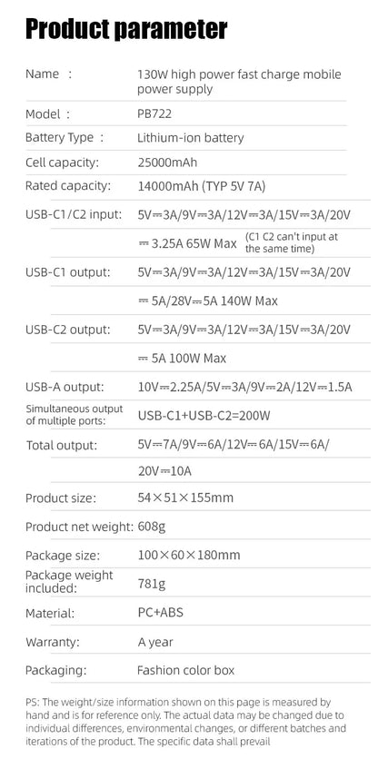 200W PD3.1 Power Bank 25000mAh with TFT Color Screen, 100W Fast Charging for Laptop and Phone, Portable Power Bank