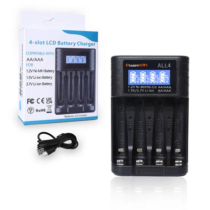 POWERKAN ALL4 AA/AAA 4-slot Small Convenient Battery Charger for 1.2V  Hi-MH& 1.5V/3.7VLi-ion With LCD Screen