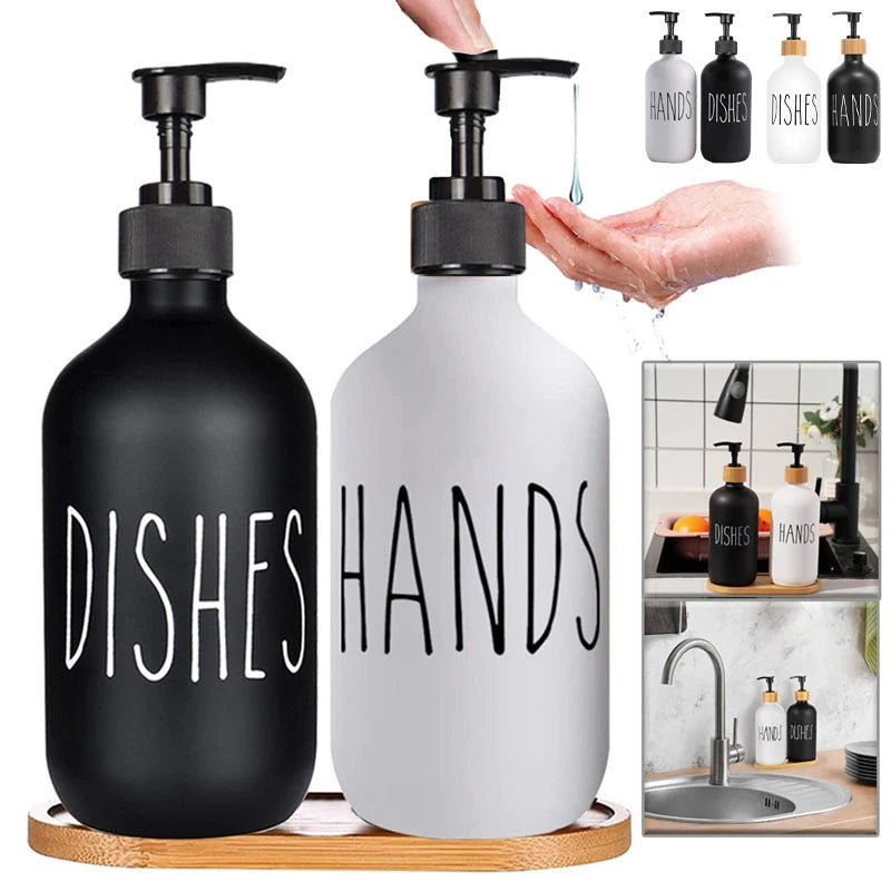 Set Plastic Home Kitchen Dish Soap Dispenser Bathroom Shampoo Lotions 500ml Lotions Empty Bottles Wooden Tray
