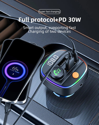 Bluetooth 5.3 FM Transmitter Handsfree Car AUX Radio Modulator MP3 Player with 22.5W & PD30W Fast Charge Adapter Car Accessories