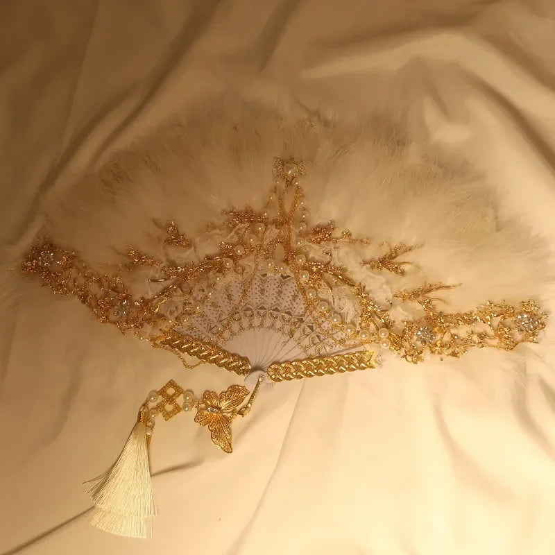 Feather Fan Lolita Dance Cheongsam Catwalk Show Folding Fan Retro Nostalgic Hanfu Fairy Lace Fan