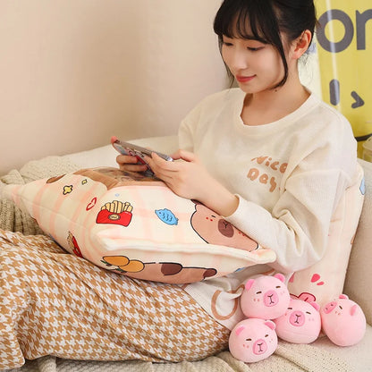 A Plushies Bag Pudding Toys Puff Balls Mini Cute Stuffed Animal Capybara Doll Removable Set Plush Pillow Snack Cushion Kids Gift