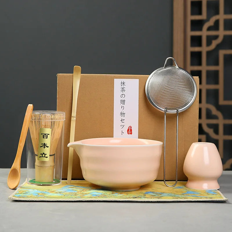 Matcha Set Kit Japanese Ceremony Green/Pink/White With Bamboo Spoon/Scoop, Whisk Holder, Matcha Bowl Matcha Gift Set