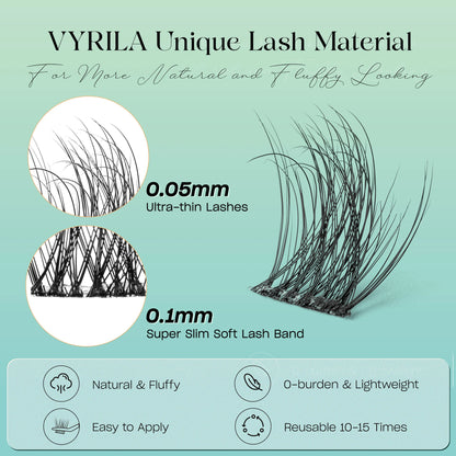 VYRILA Lash Extension Kit Wispy C Curl Lash Clusters Kit Hush 8-16mix Individual Lashes with Lash Bond and Seal Lash Tweezers