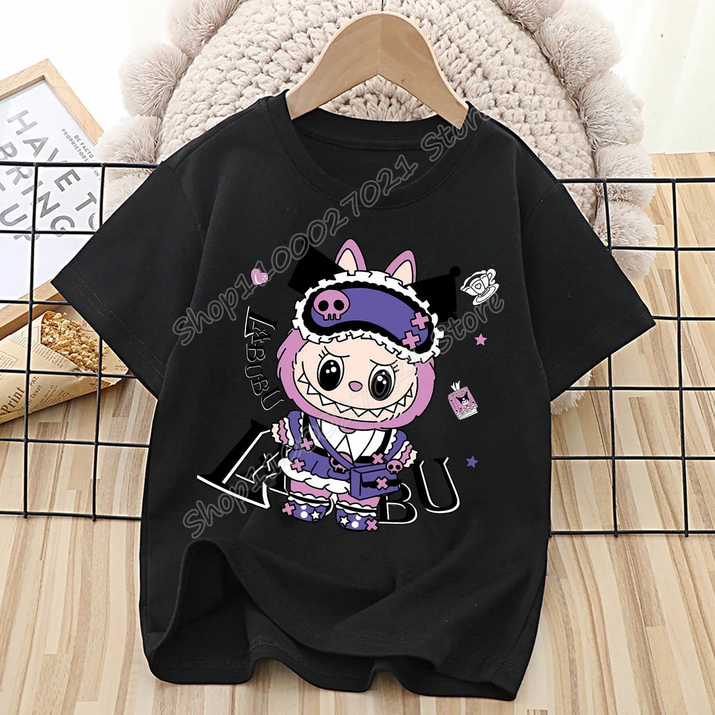 Labubu T-shirt for Children Cute Cartoon Anime Tee Top Black Short Sleeve Round Collar Clothes Fashion Kids Summer Clothing Gift