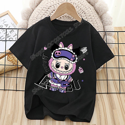 Labubu T-shirt for Children Cute Cartoon Anime Tee Top Black Short Sleeve Round Collar Clothes Fashion Kids Summer Clothing Gift