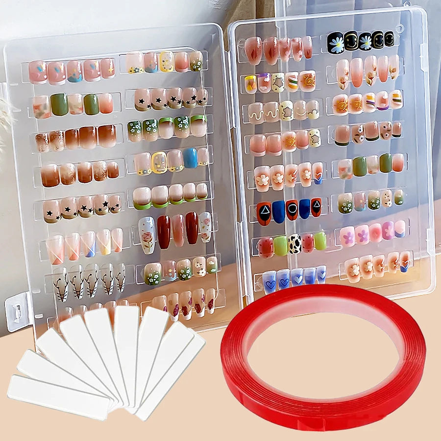 Press on Nails Storage Box, Empty False Nail Packaging Box Set with Double-sided Adhesive Tape and 10 Acrylic Nail Display Stick