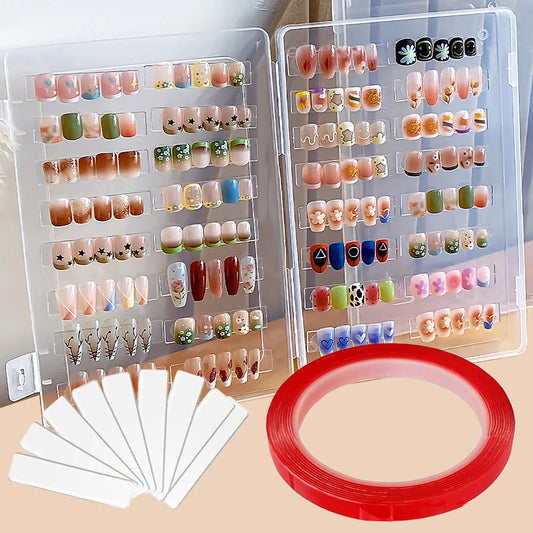 Press on Nails Storage Box, Empty False Nail Packaging Box Set with Double-sided Adhesive Tape and 10 Acrylic Nail Display Stick