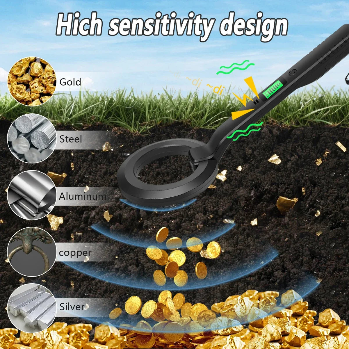 High Sensitivity Handheld Metal Detector with Alarm & Pinpoint Coil for Security/Industrial/Treasure Hunting