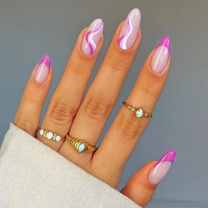 24Pcs French False Nails Almond Fake Nails with Glue Press on White Edge Design Wearable Simple Ins Pink Stiletto Nail Tips
