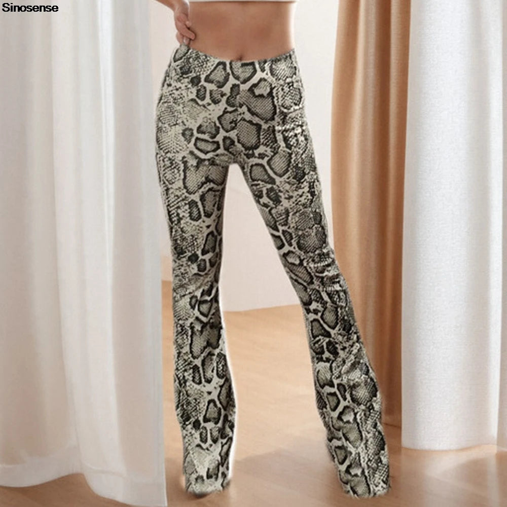 Womens Serpentine Print Flare Pants Stretch Boho Bell Bottoms High Waist Wide Leg Long Palazzo Pants Y2K Streetwear Trousers