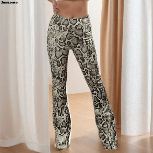 Womens Serpentine Print Flare Pants Stretch Boho Bell Bottoms High Waist Wide Leg Long Palazzo Pants Y2K Streetwear Trousers