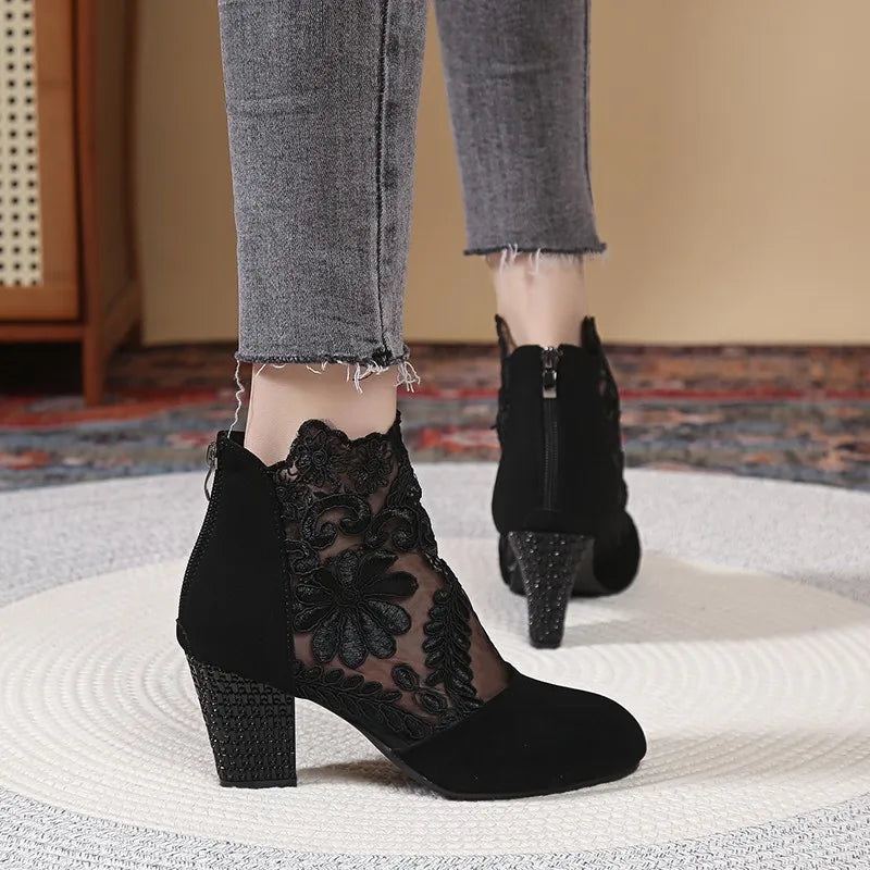 2024 New Women's Shoes Zipper Fashion Women's Sandals Flower Decoration Office Shoes Women's Pointed-toe Ankle Sandals Zapatos