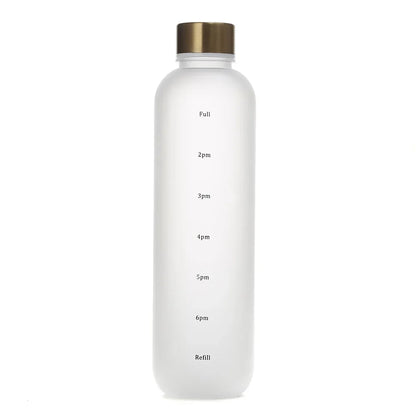 1L Water Bottle with Time Marker 320Z Large Capacity Reusable Fitness Sports Outdoors Travel Leakproof BPA Free Frosted Plastic