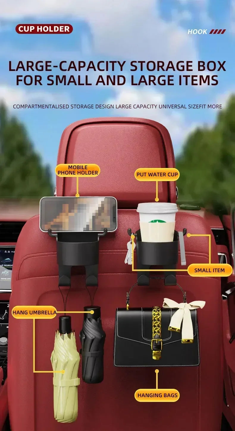 2Pcs Car Seat Headrest Hook Hanger Storage Organizer Universal with Cup Holder for Handbag Fit Universal Vehicle Car Accessories