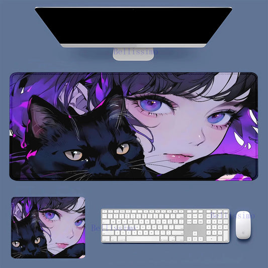 Black Cat and Girl Fast Keyboard pad lock-edge Extended teclado mousepad kawaii Purple Office desktop protection mouse pad XXL