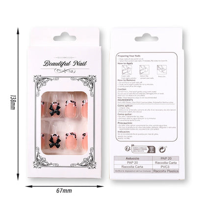 24Pcs Pink Leopard Print French Tips False Nails Short Square Head 3D Black Bowknot Fake Nails Acrylic Full Cover Press on Nails