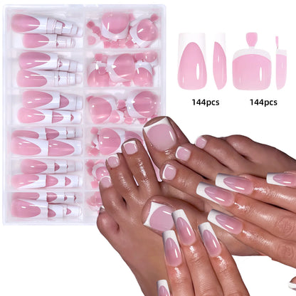 144pcs French hand and foot wear nail set summer short square shiny false toenail acrylic full coverage suitable for nail salon