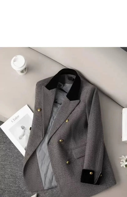 Women's Office Woolen Suit Jacket for women 2025 New Autumn Winter Chic gray Herringbone pattern Suit Female Thick Casual Coat