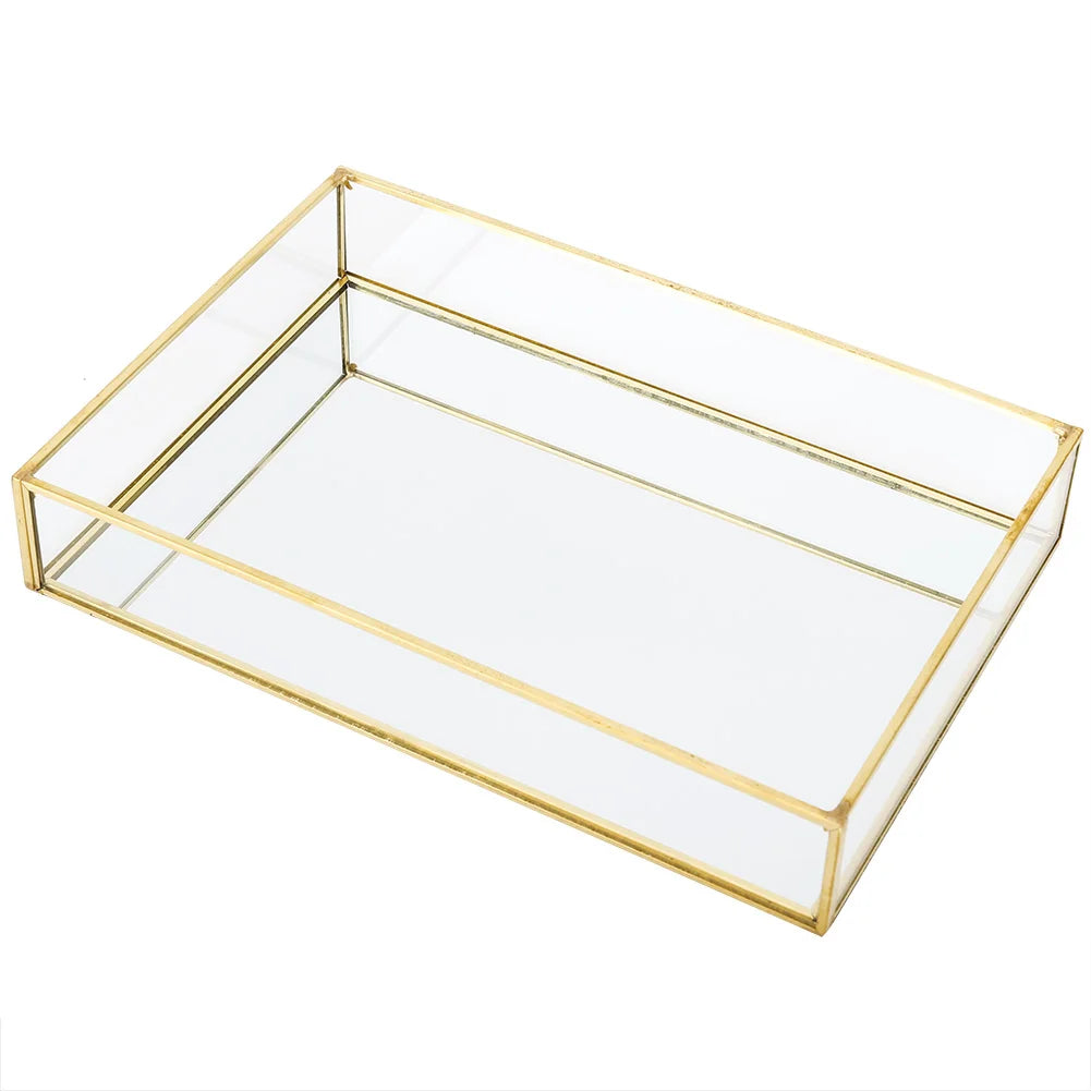 Cosmetics Storage Box Vintage Metal Glass Gold Tray Jewelry Large Capacity Cosmetics Display Boxes for Bedroom Bathroom