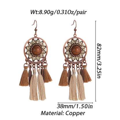 Bohemian Brown Geometric Fringe Earrings for Women Vintage Hollow Flower Beads Tassel Earrings Girls Party Jewelry Gifts