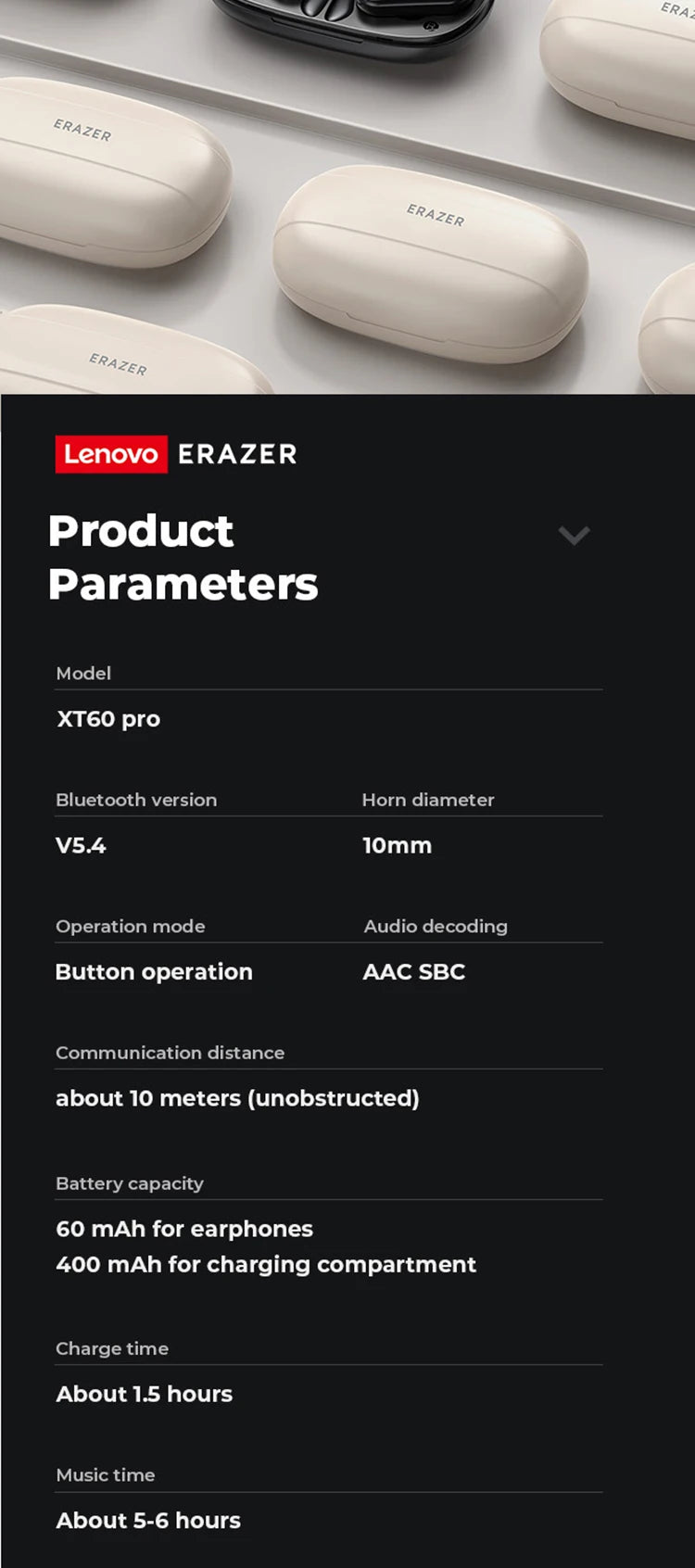 ERAZER XT60PRO Sports Wireless Headphones Bluetooth  Earphones Earbuds Noise Reduction Headset with Mic Earhook