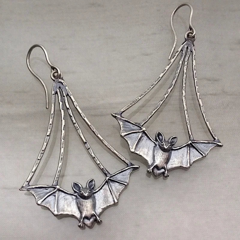 Vintage Metal Artisan Carved Bat Earrings Women's Simple Hip Hop Hook Drop Earrings