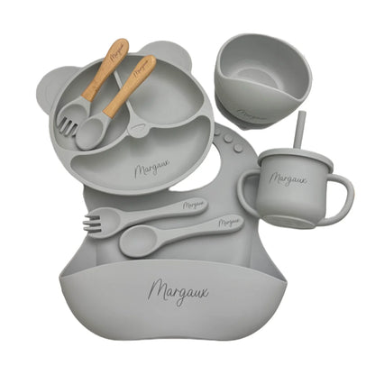 Customized Baby Silicone Feeding Set with Suction Cup Personalized Name Dish Divided Plate Bowl Spoon Cute Kid Eating Tableware