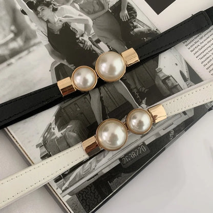 Elegant Double Pearls Buckle Elastic Women Belts Thin Straps Lady Girl Dress Skirt Decor Waistbands Trouser Decoration GM113