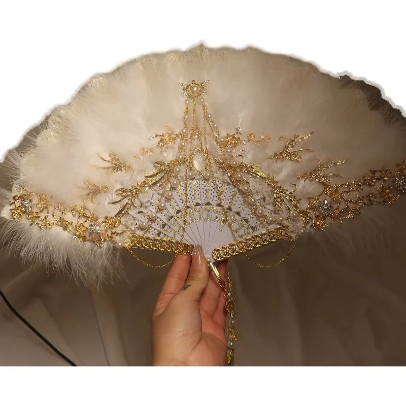 Feather Fan Lolita Dance Cheongsam Catwalk Show Folding Fan Retro Nostalgic Hanfu Fairy Lace Fan