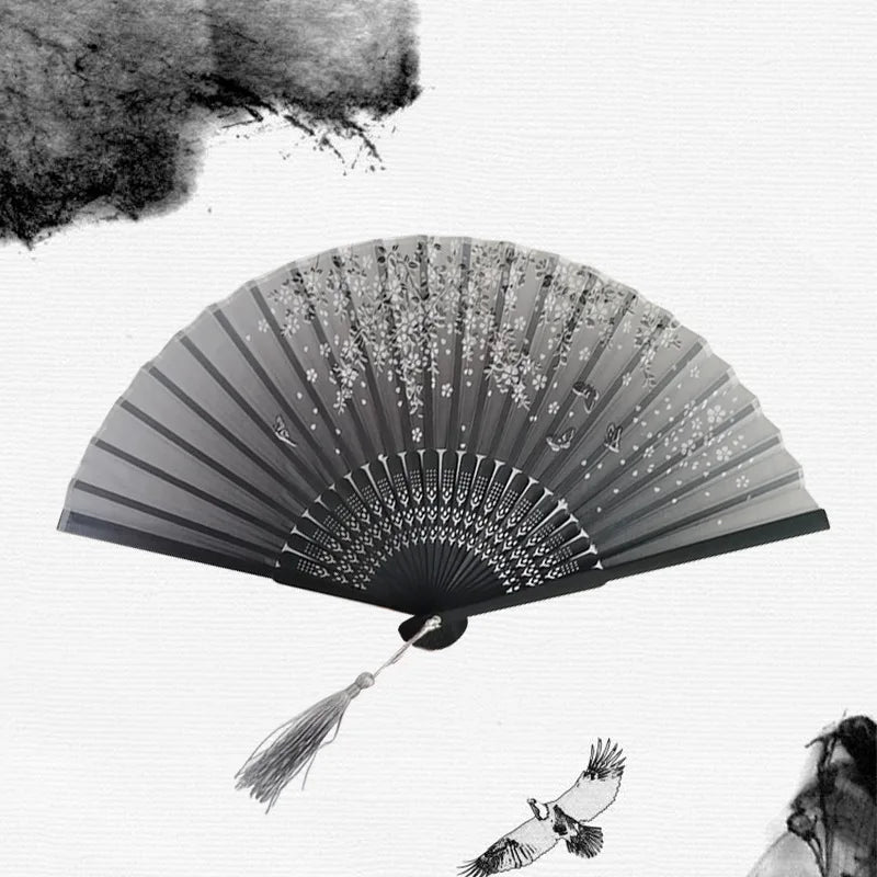 Bamboo Folding Fan Silk Chinese Fan Hand Women Black Fan Summer Female Dance Home Decoration Party Gift Home Ornament Fan Black