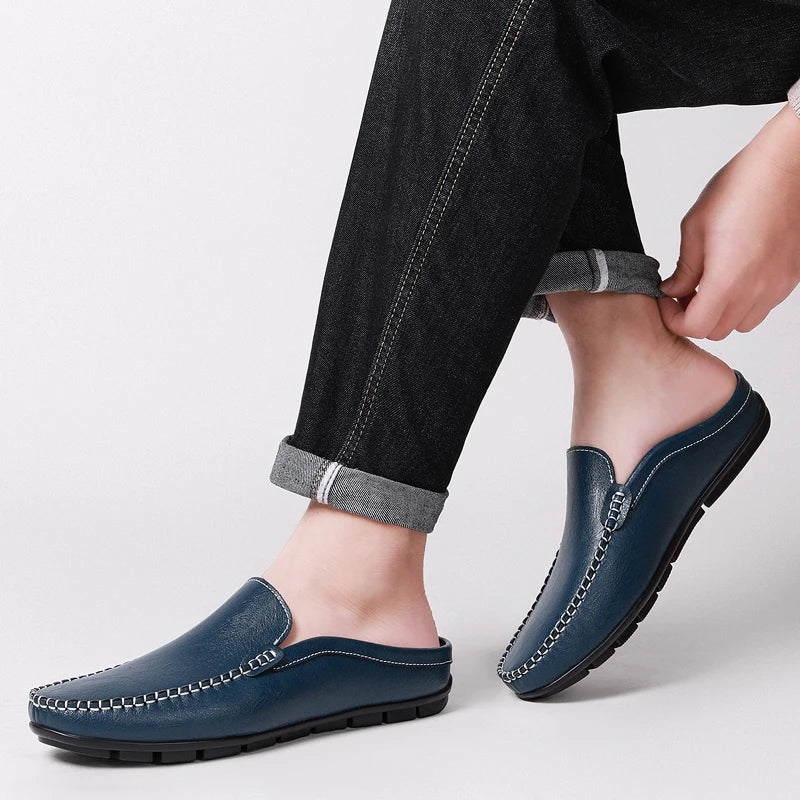 Closed Toe Half Shoes for Men Black Blue Mules Slippers Slip on Genuine Cowhide Leather Luxury Flat Sandals Man Summer 2025