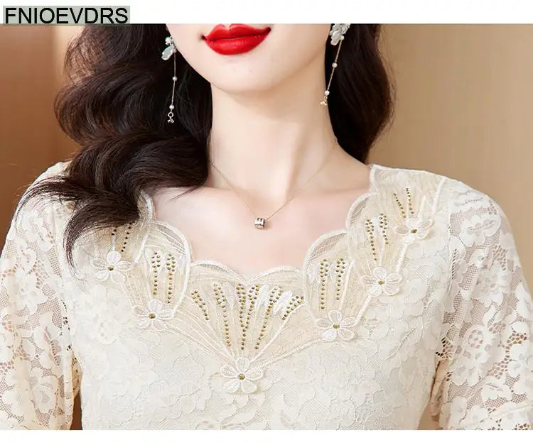 Office Shirts Basic Wear New Design 2025 Women Elegant Fashion Work Lady Bling Beaded Flare Sleeve Lace Tops Blouses